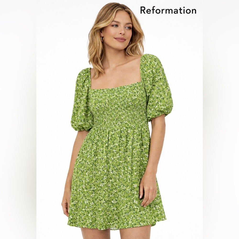 Reformation Green Floral Smocked Midi Dress